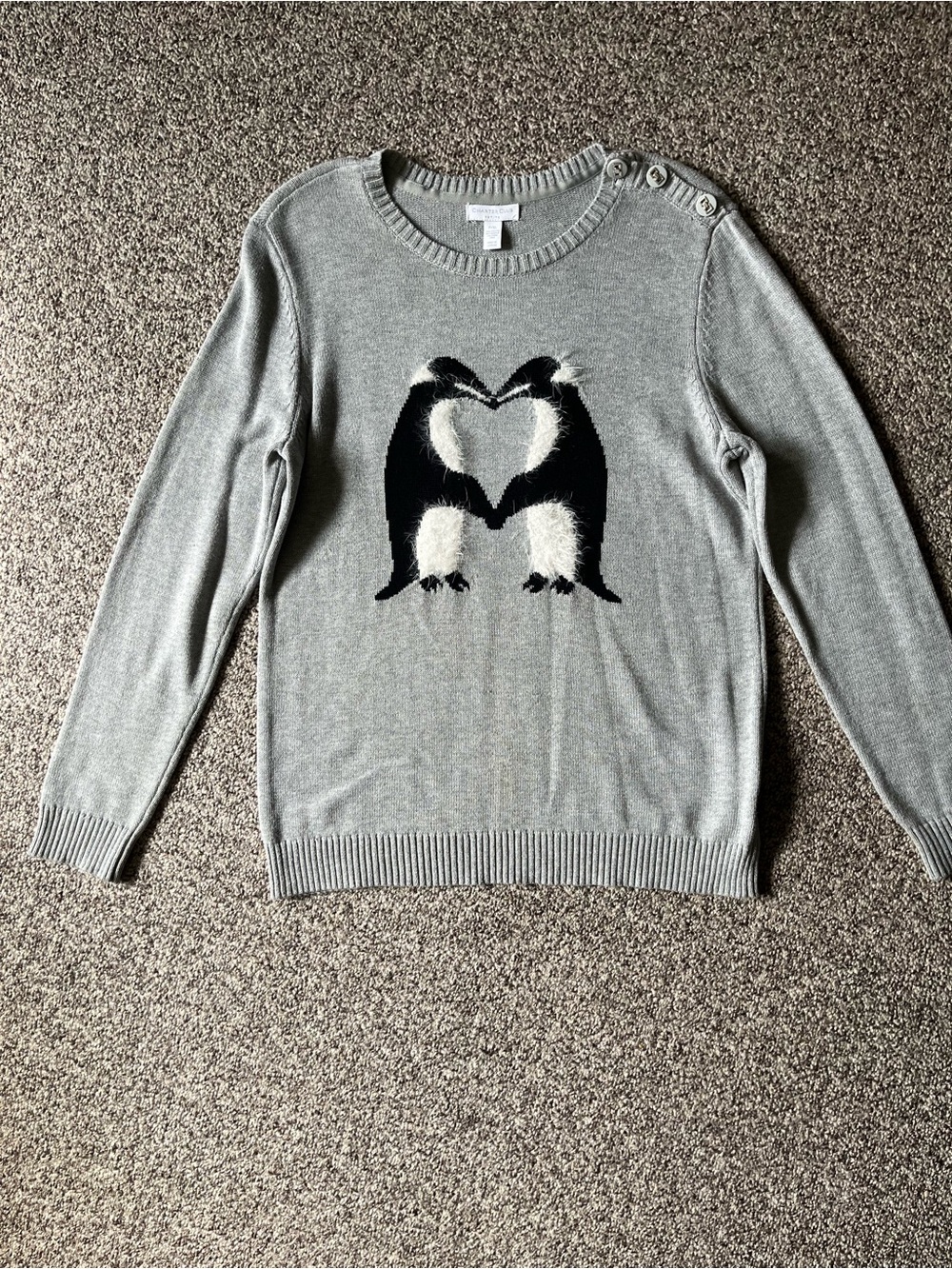 Charter Club Light Gray Crewneck Sweater with Penguin Heart Motif